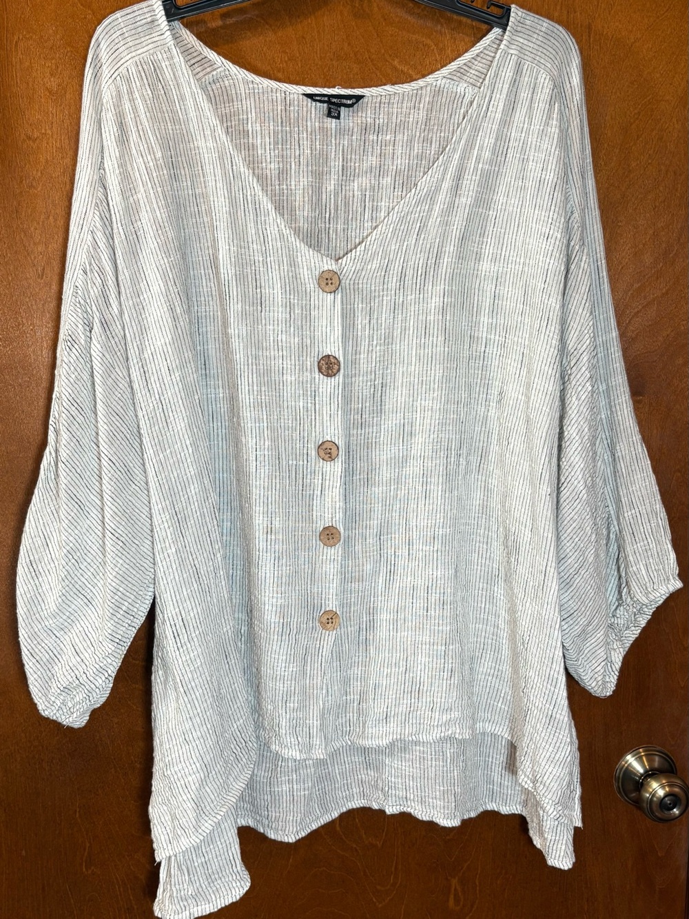 Unique Spectrum Striped Cream Button-Front V-Neck Tunic